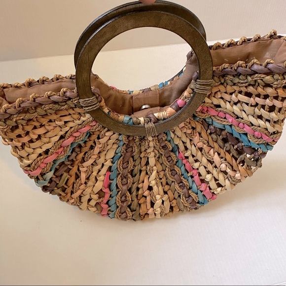 Women’s straw woven Bohemian Tan pink & Teal Braided round handle Beach bag - Picture 2 of 14